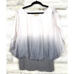 Giusy Womens L Gray White Ombre Dye Sand Silk Blouse Sheer Batwing Sleeve